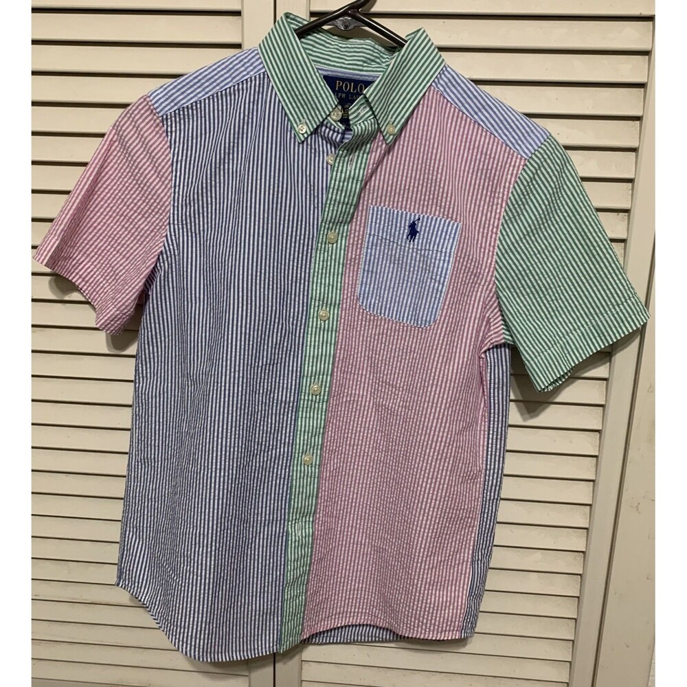 Polo Ralph Lauren Boys M 10/12 Striped Blue Green Pink Short Sleeve Button Down